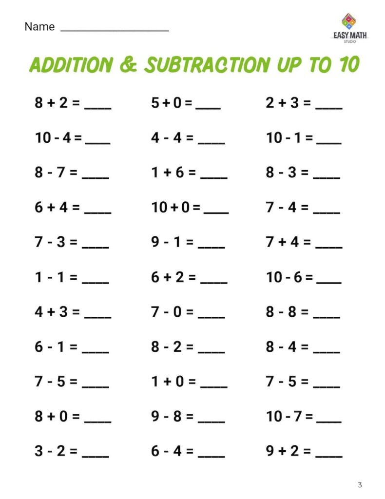Addition and subtraction worksheet with blank answers