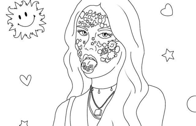 SOUR coloring page of girl with doodles