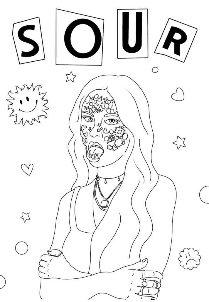 SOUR coloring page of girl with doodles