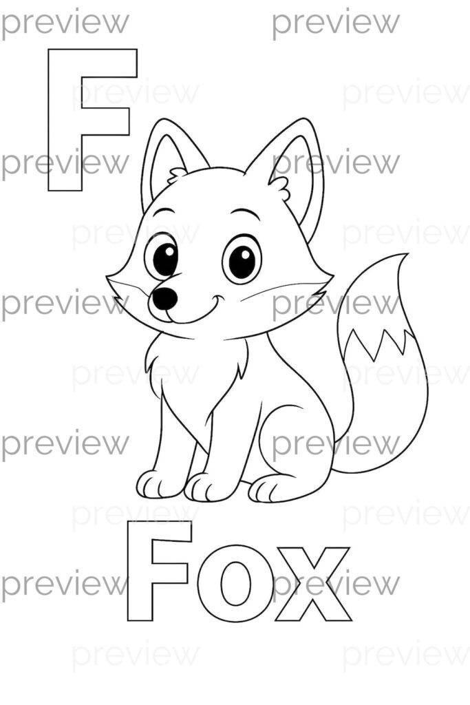 Cartoon fox coloring page with letter F and word Fox