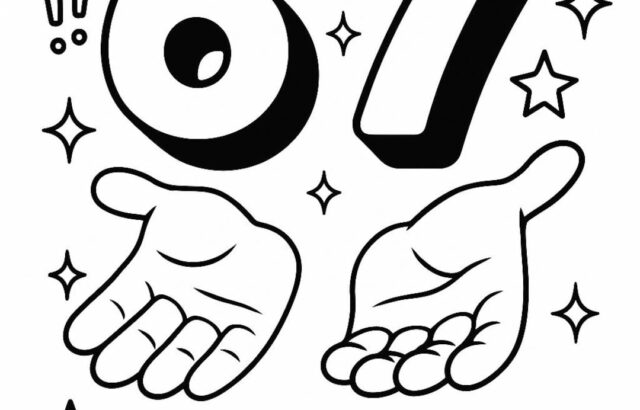 Number 67 with hands, stars, and crown design