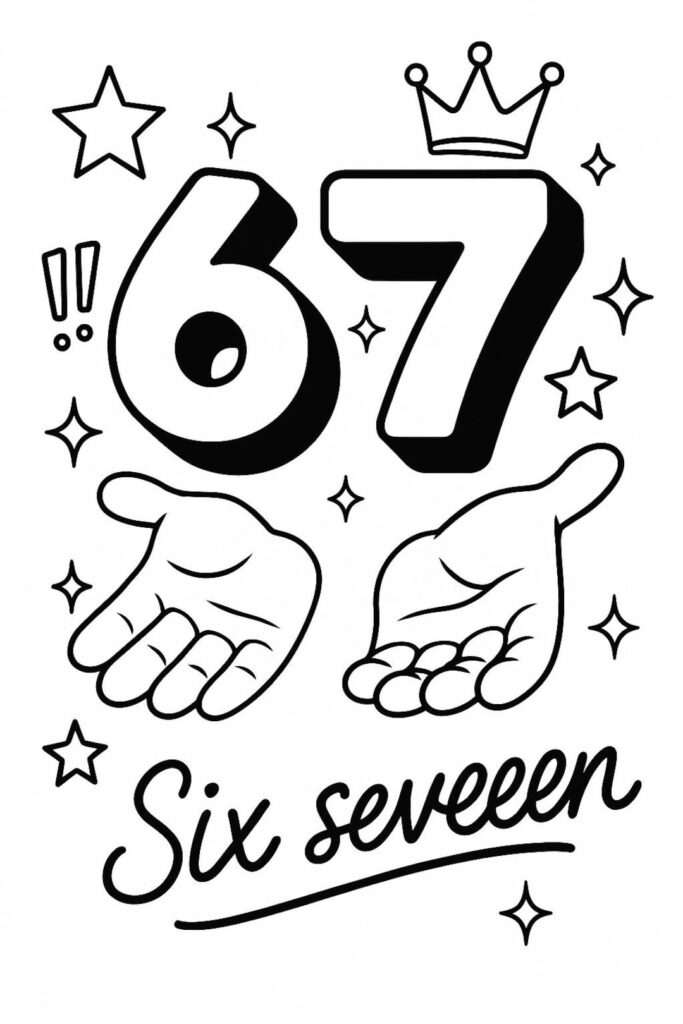 Number 67 with hands, stars, and crown design