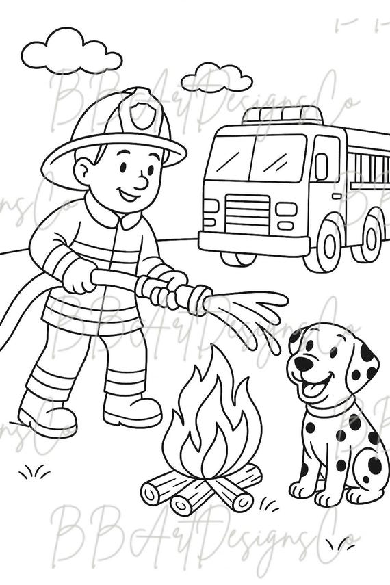 Firefighter spraying hose at small campfire near dalmatian and truck