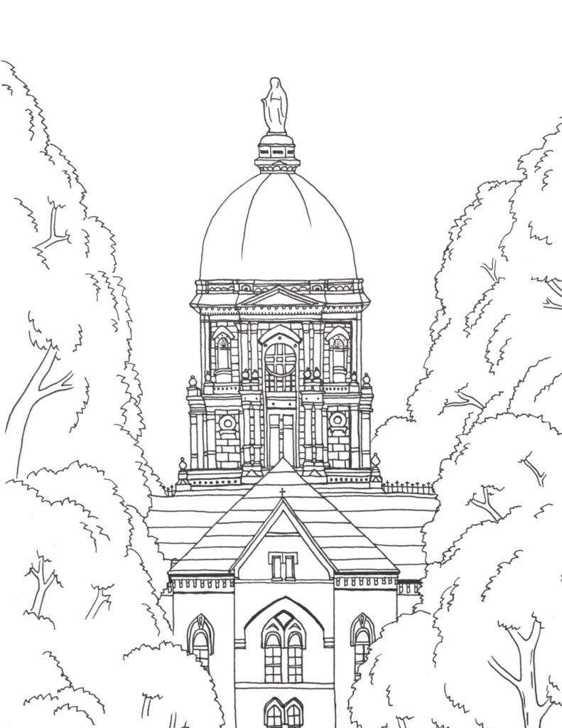 Line drawing of domed church tower among trees