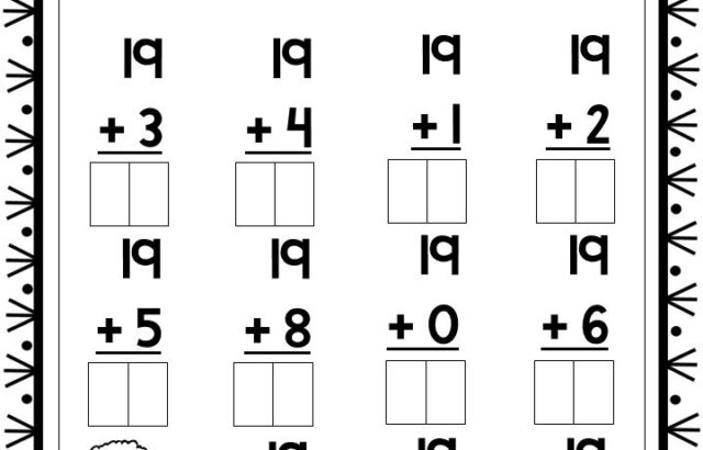 Double digit addition worksheet with 19 problems and cartoon child drawings