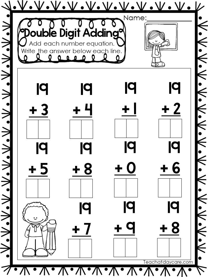 Double digit addition worksheet with 19 problems and cartoon child drawings
