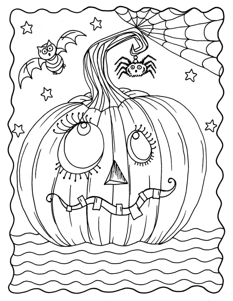 Halloween pumpkin face with bats, spider, and stars