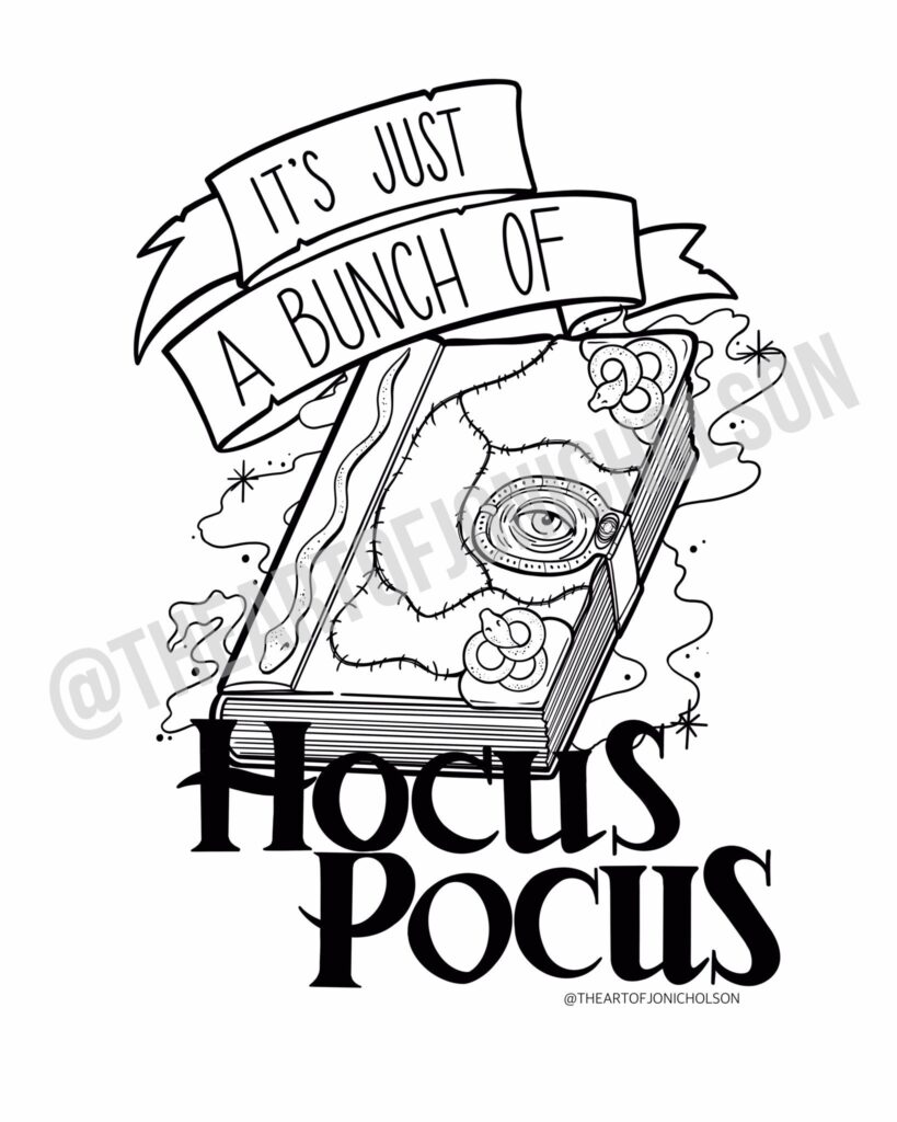 Black-and-white Hocus Pocus book illustration with banner text