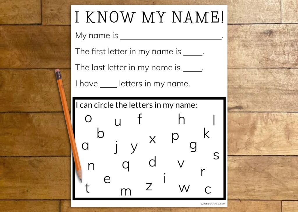 Alphabet name worksheet on wooden table with pencil