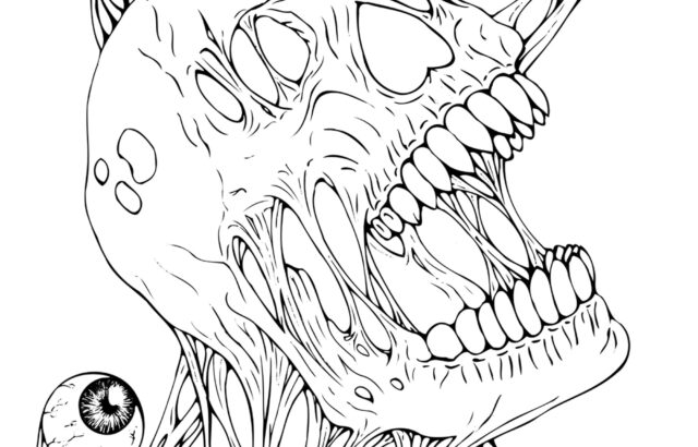 Black-and-white monstrous skull with tentacle eyes