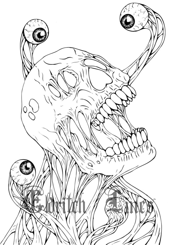 Black-and-white grotesque skull with eyeballs and teeth
