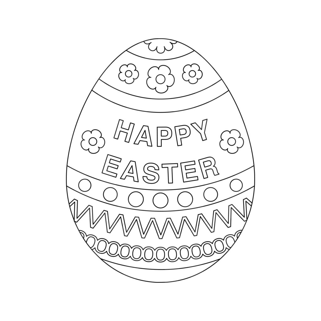 Black-and-white Easter egg coloring page with flowers and patterns