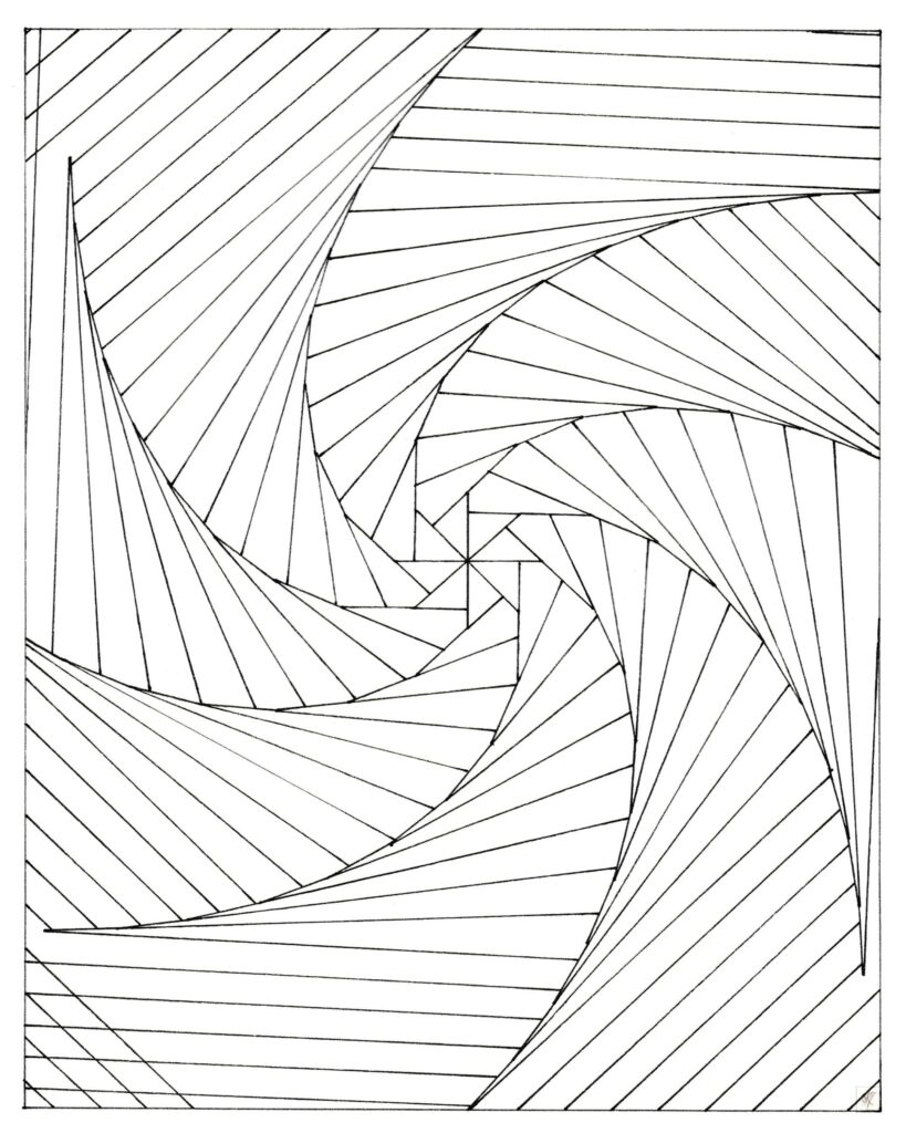 Black-and-white geometric spiral line drawing on paper
