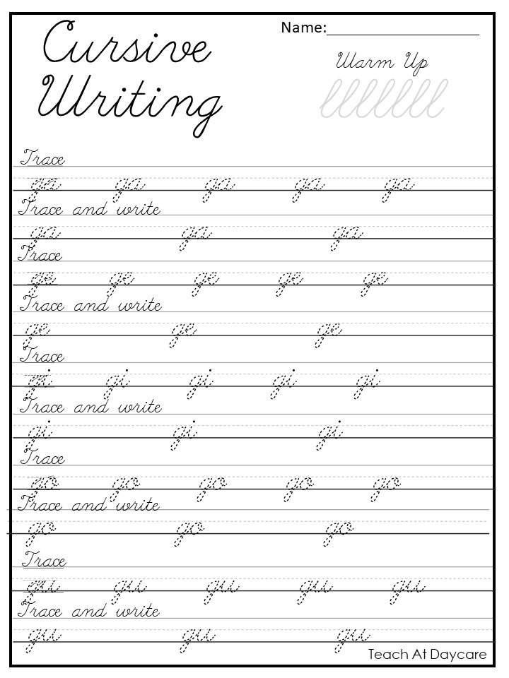 Cursive writing worksheet with tracing lines and examples