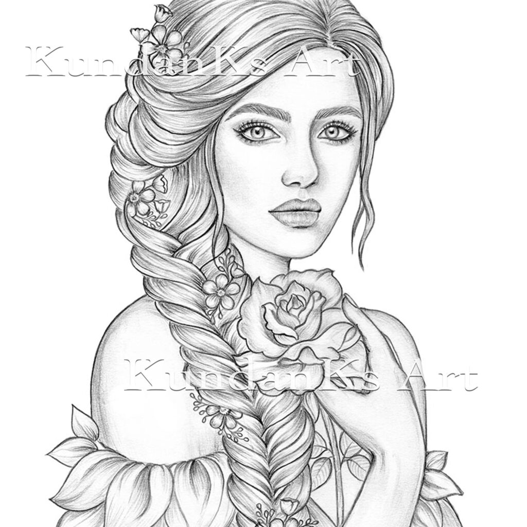 Pencil sketch of woman with braided floral hair