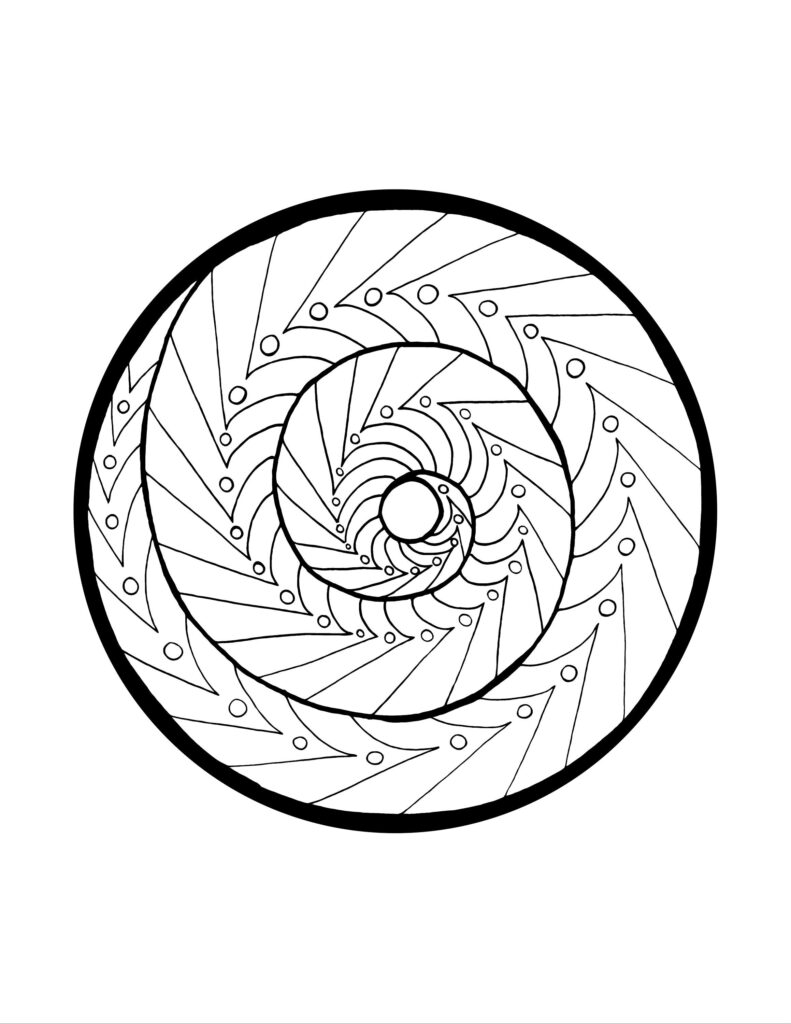 Black-and-white spiral mandala with dots on white background