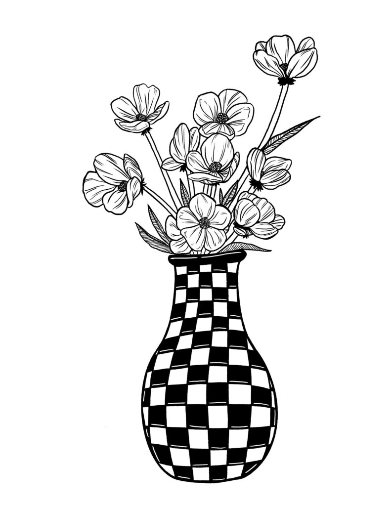 Black-and-white drawing of flowers in a checkered vase