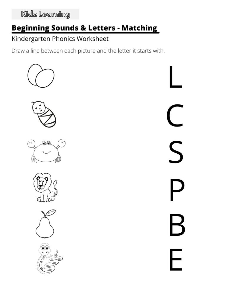 Phonics worksheet with pictures and matching letters