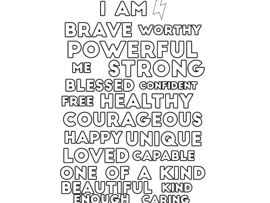 Bold positive words in black outline text design