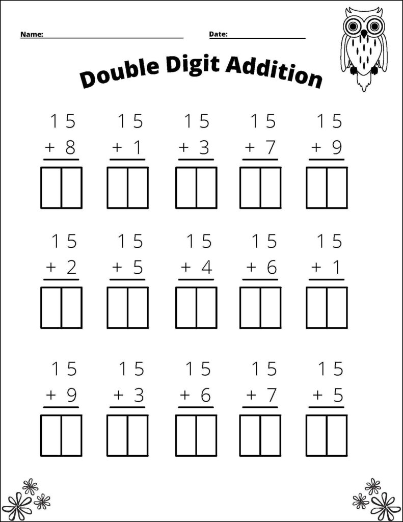 Double digit addition worksheet with owl illustration