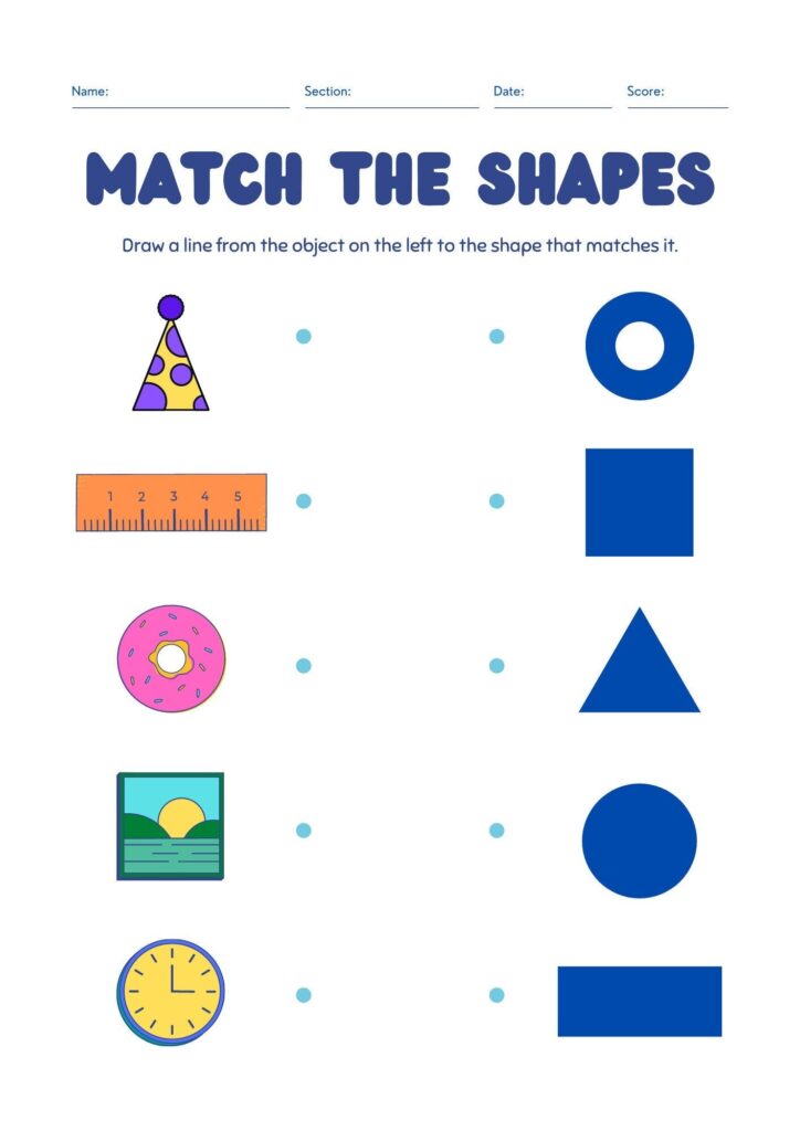 Shape matching worksheet with objects and blue shapes