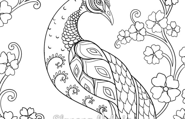Black-and-white peacock surrounded by floral vines, coloring page