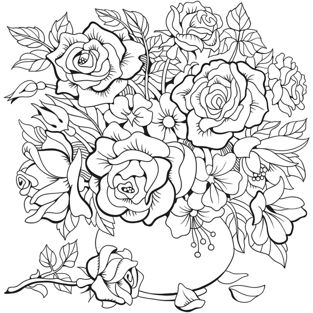 Black-and-white floral line drawing with roses and leaves