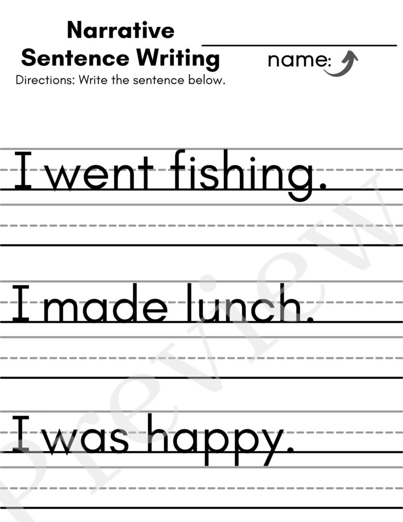 Narrative sentence writing worksheet with three example sentences