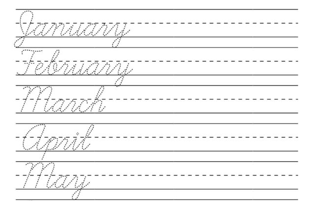Cursive months worksheet with January through July words