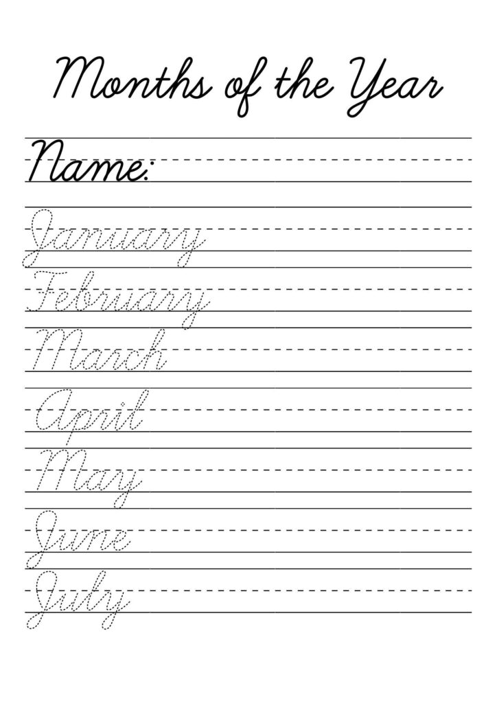Cursive months worksheet with January through July words