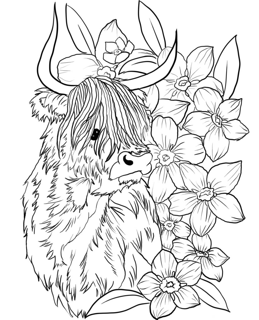 Close-up of a shaggy yak head among blooming daffodils.