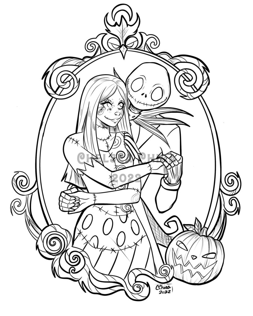 Jack Skellington and Sally line art in ornate frame