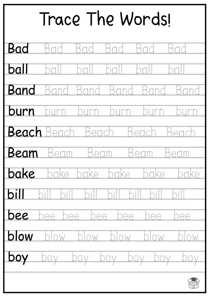 Handwriting worksheet with traceable words on lined paper