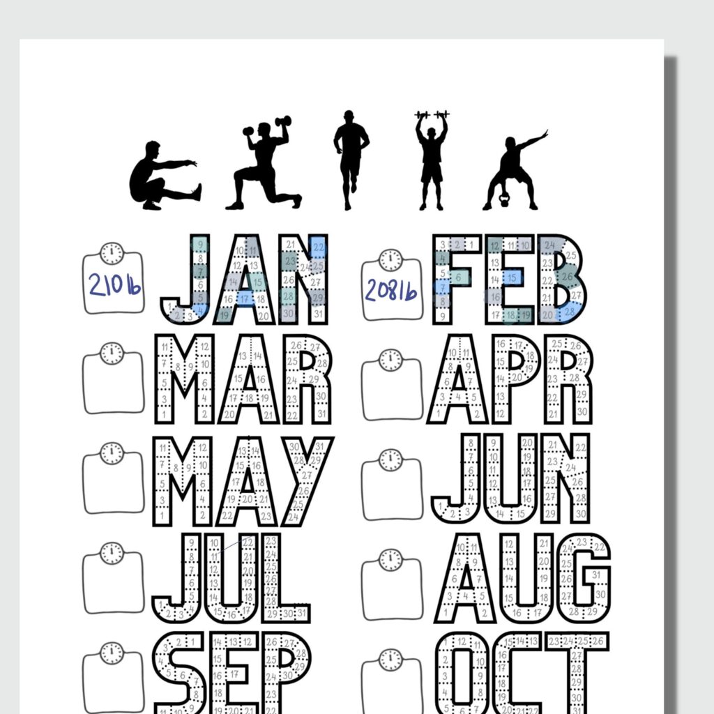 Fitness-themed monthly calendar with exercise silhouettes and dates