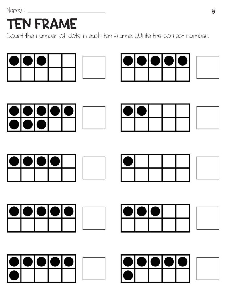 Ten frame counting worksheet with dot grids and blanks