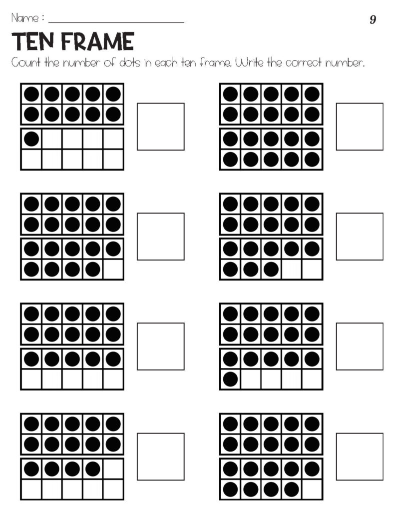 Ten-frame counting worksheet with eight dot grids