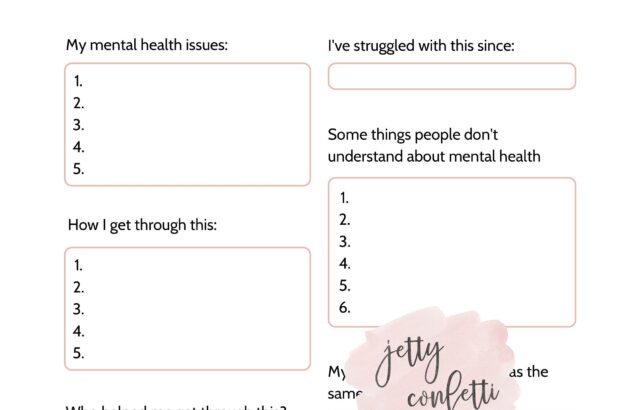 Printable mental health worksheet with blank prompts and boxes
