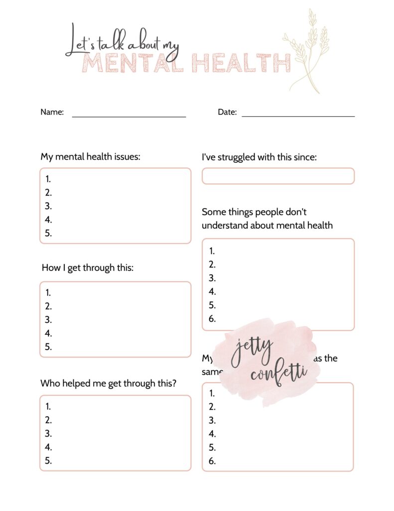 Printable mental health worksheet with blank prompts and boxes
