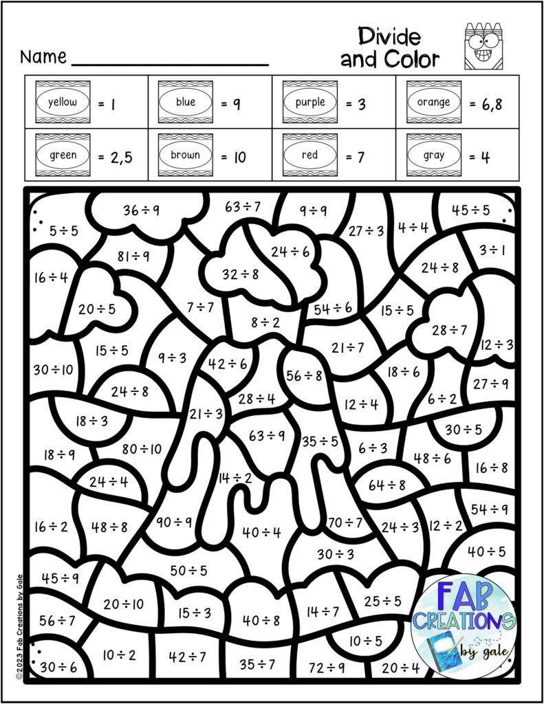 Divided math coloring worksheet with color key and doodle face