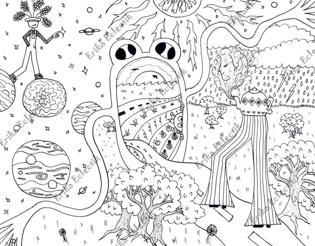 Black-and-white fantasy landscape with giant mushroom figures and planets