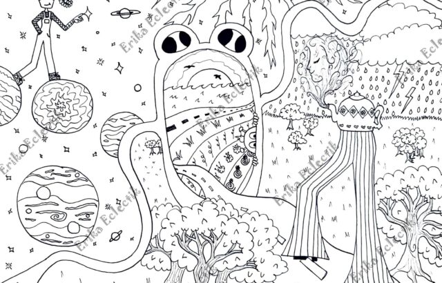 Black-and-white fantasy landscape with giant mushroom figures and planets