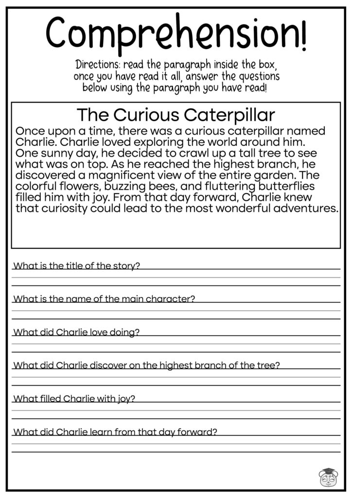 Reading comprehension worksheet about a curious caterpillar