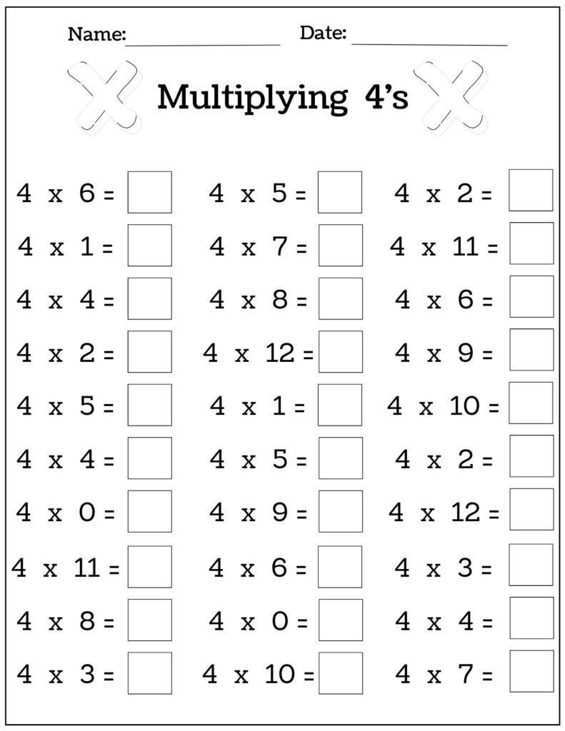 Black-and-white multiplying 4’s worksheet with blank answer boxes