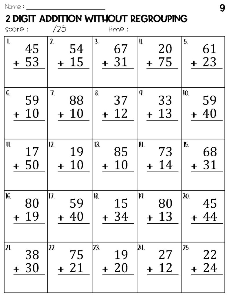 Two-digit addition worksheet with 25 problems in grid