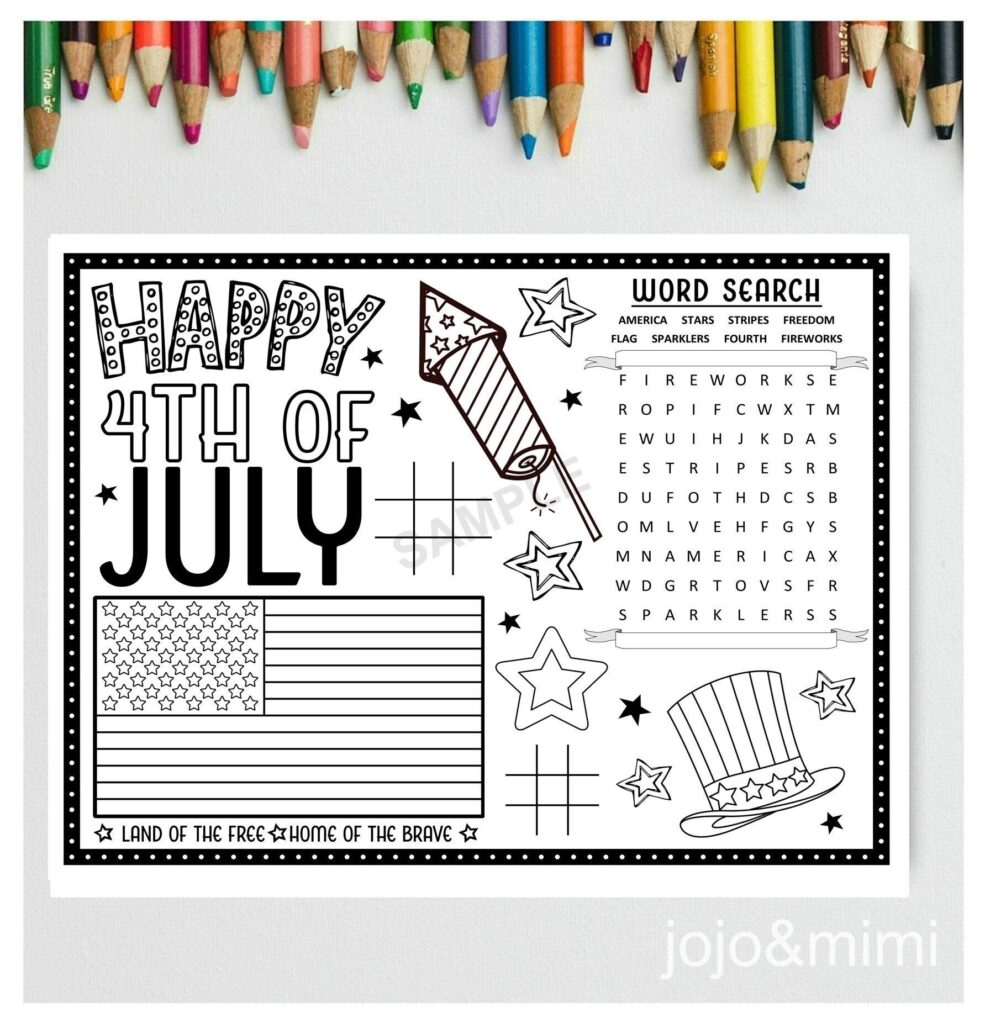 Fourth of July coloring worksheet with colored pencils above