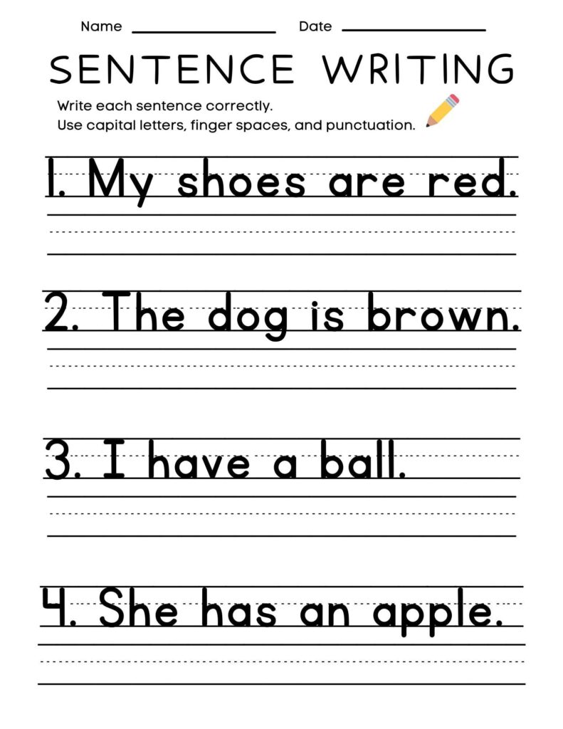 Sentence writing worksheet with four practice lines