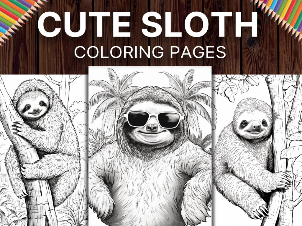 Three sloth coloring pages with title text and pencils