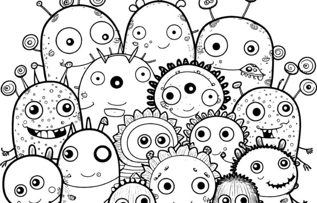 Cartoon monsters with big eyes, grouped together on white background