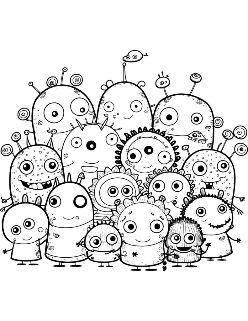 Cartoon monsters with big eyes, grouped together on white background