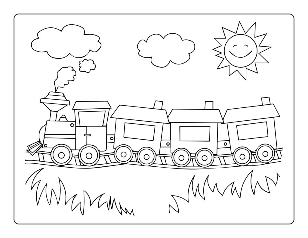 Simple cartoon train with clouds, sun, and grass
